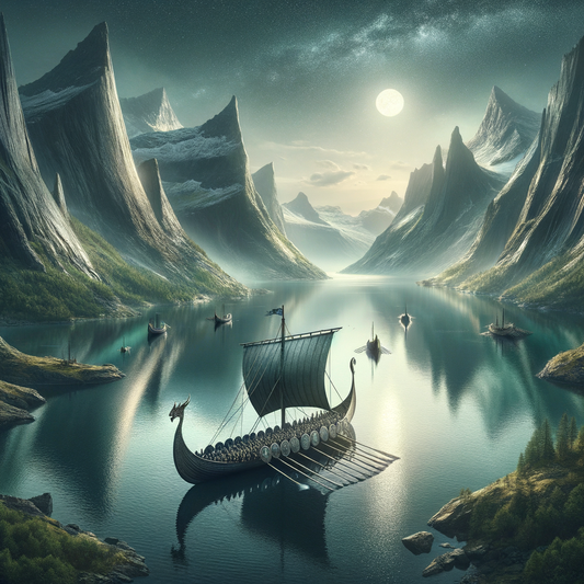 Viking longship sailing on a starry night with rugged Nordic landscapes in the background.