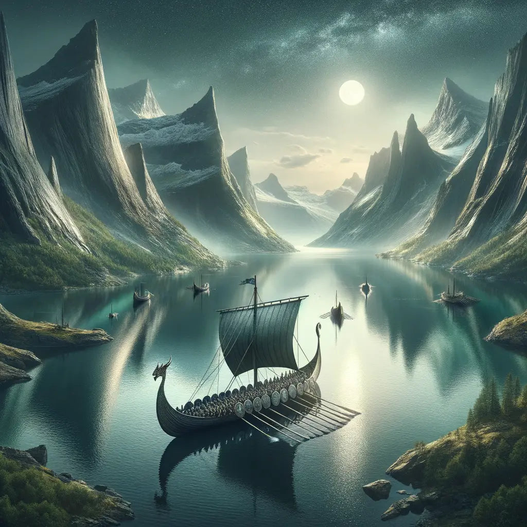 Viking longship sailing on a starry night with rugged Nordic landscapes in the background.