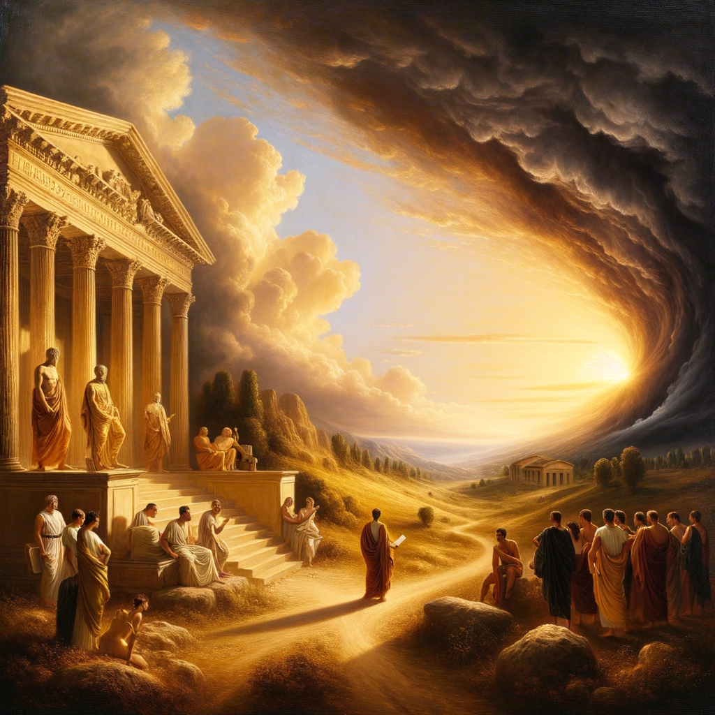 Roman figures at a crossroads, with a stormy sky and sunlight path, symbolizing choices, in a style inspired by 1960s historical epics.