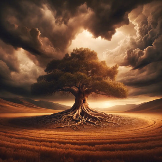 A strong, solitary tree with deep roots stands in an open field under a stormy sky, embodying Stoic virtues of stability and resilience, styled after 1960s historical epics.