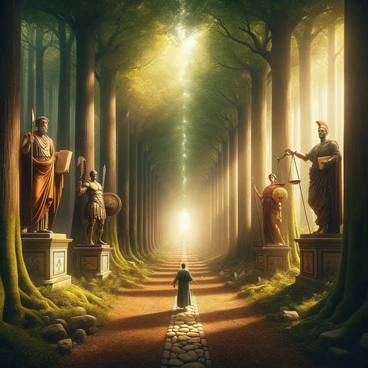Symbolic representation of four Stoic virtues in a serene Roman forest, evoking 1960s historical epic style.