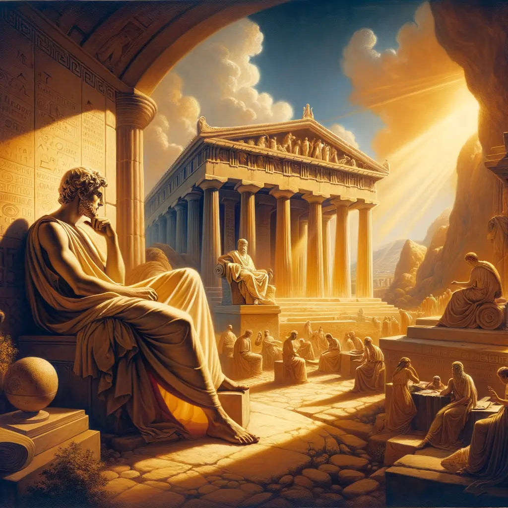 Serene Greek philosopher amidst classical architecture in a golden sunset, inspired by 1960s historical epic films.