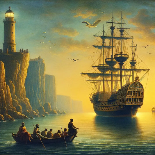 Roman merchant ship anchored in calm waters near a lighthouse, capturing the essence of Stoic wisdom in a 1960s historical epic style.