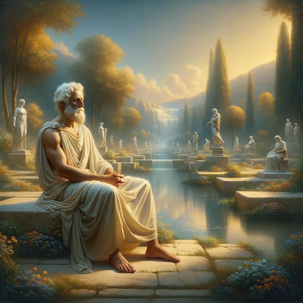 Tranquil Roman garden with a philosopher seated, embodying the balance of Stoic philosophy, bathed in warm, serene light.