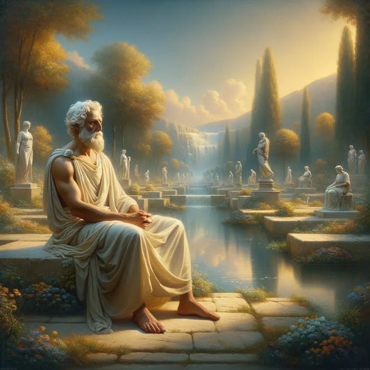 Tranquil Roman garden with a philosopher seated, embodying the balance of Stoic philosophy, bathed in warm, serene light.