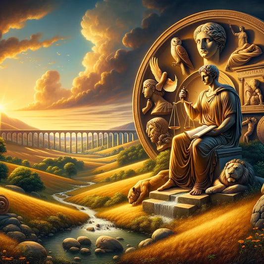 A serene Roman landscape symbolizing a journey toward virtue, with icons for wisdom, justice, courage, and moderation, styled like a 1960s historical epic painting.