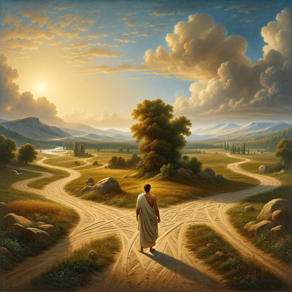 A Roman philosopher stands at a crossroads in a serene landscape, symbolizing life's choices, painted in the style of a 1960s epic film.