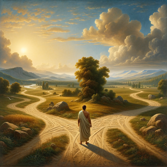 A Roman philosopher stands at a crossroads in a serene landscape, symbolizing life's choices, painted in the style of a 1960s epic film.