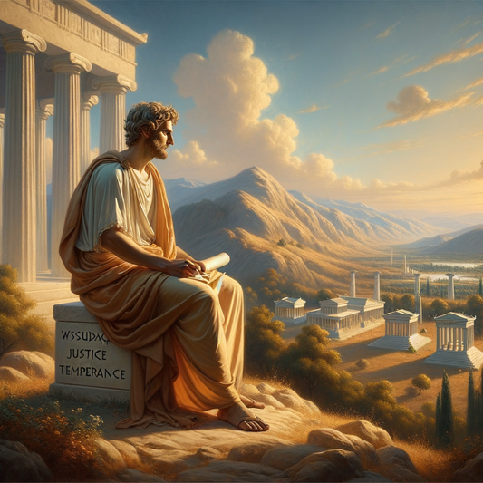 An ancient Greek philosopher in a tranquil landscape, holding a scroll with virtues written on it, inspired by 1960s historical epic film style.