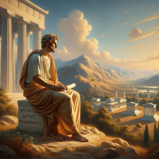 An ancient Greek philosopher in a tranquil landscape, holding a scroll with virtues written on it, inspired by 1960s historical epic film style.
