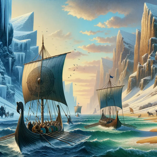 Viking longships serenely navigating between icy cliffs and golden shores, capturing an epic exploration scene in a painterly cinematic style.