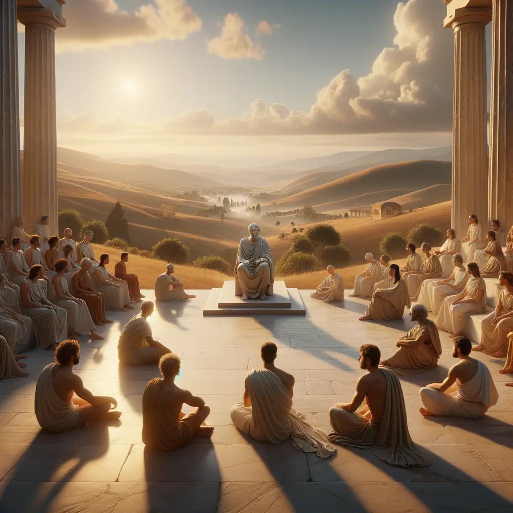 Roman philosopher in a serene landscape, teaching students, inspired by 1960s historical epic films.