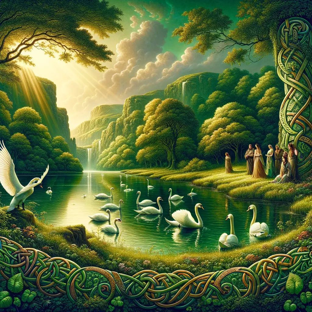 A mystical scene with swans and Celtic knotwork against a lush green landscape, evoking ancient tales.