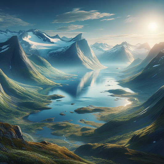 Majestic Nordic landscape with glaciers, hills, and fjords under a clear sky, capturing Northern Europe's natural beauty.