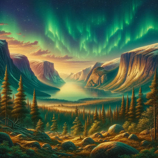 Serene Nordic landscape with vast fjords, auroras in the sky, and lush forests, evoking Viking natural beauty in a classic epic style.