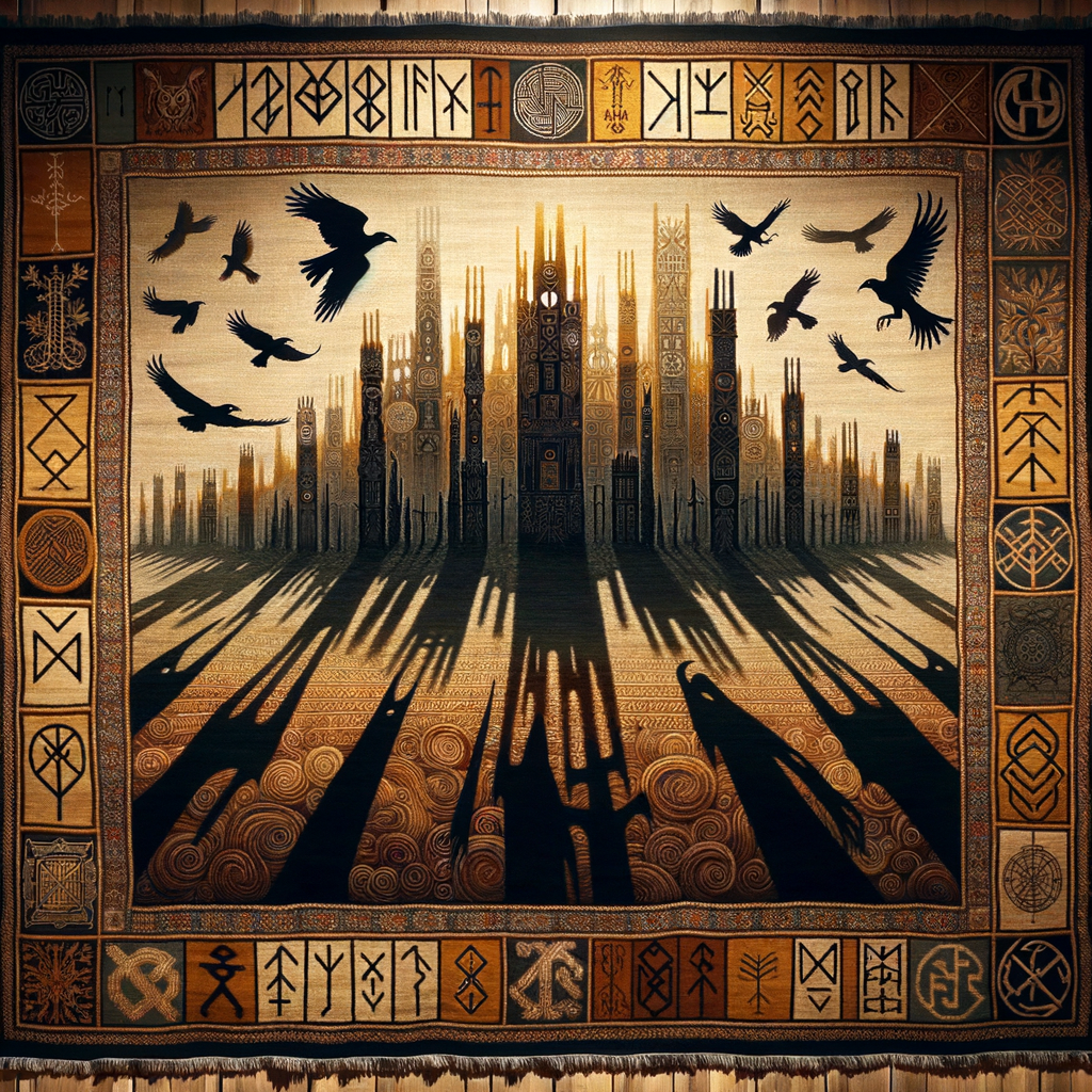 Tapestry depicting Nordic runes and Gothic architecture to represent Germanic tribes' heritage.