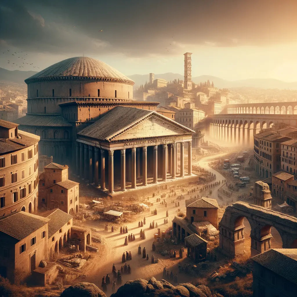 Illustration of the Pantheon and Aspendos aqueduct towers in a Roman cityscape, inspired by classic historical films of the 1960s.