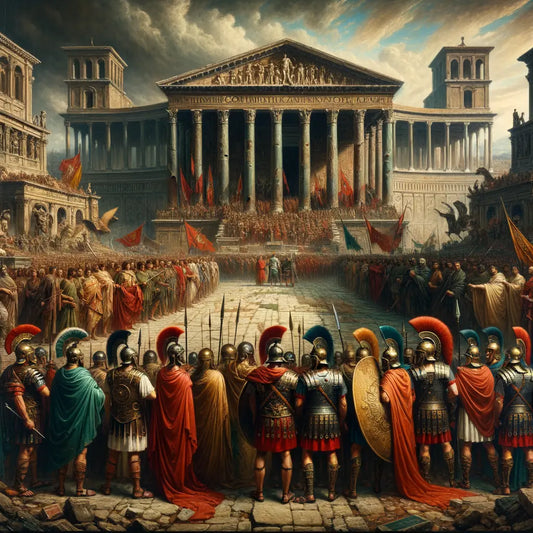 Roman soldiers during the Crisis of the Third Century, depicting division into three empires with distinct factions and leaders, inspired by 1960s historical epic films.
