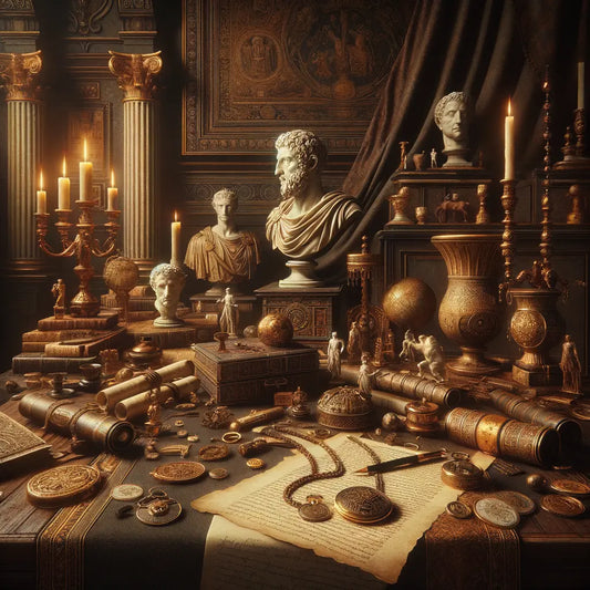 Marcus Aurelius-inspired enamel pin, keychain, and necklace in Roman elegance style set in a historic study with warm lamp lighting.