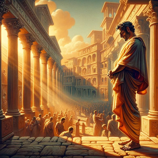 Roman philosopher in toga practicing stoicism, serene amidst a bustling ancient forum, reminiscent of 1960s historical epics.