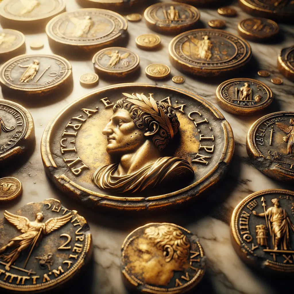 Ancient Roman coins depicting Julius Caesar with laurel wreaths and inscriptions, symbolizing political power.