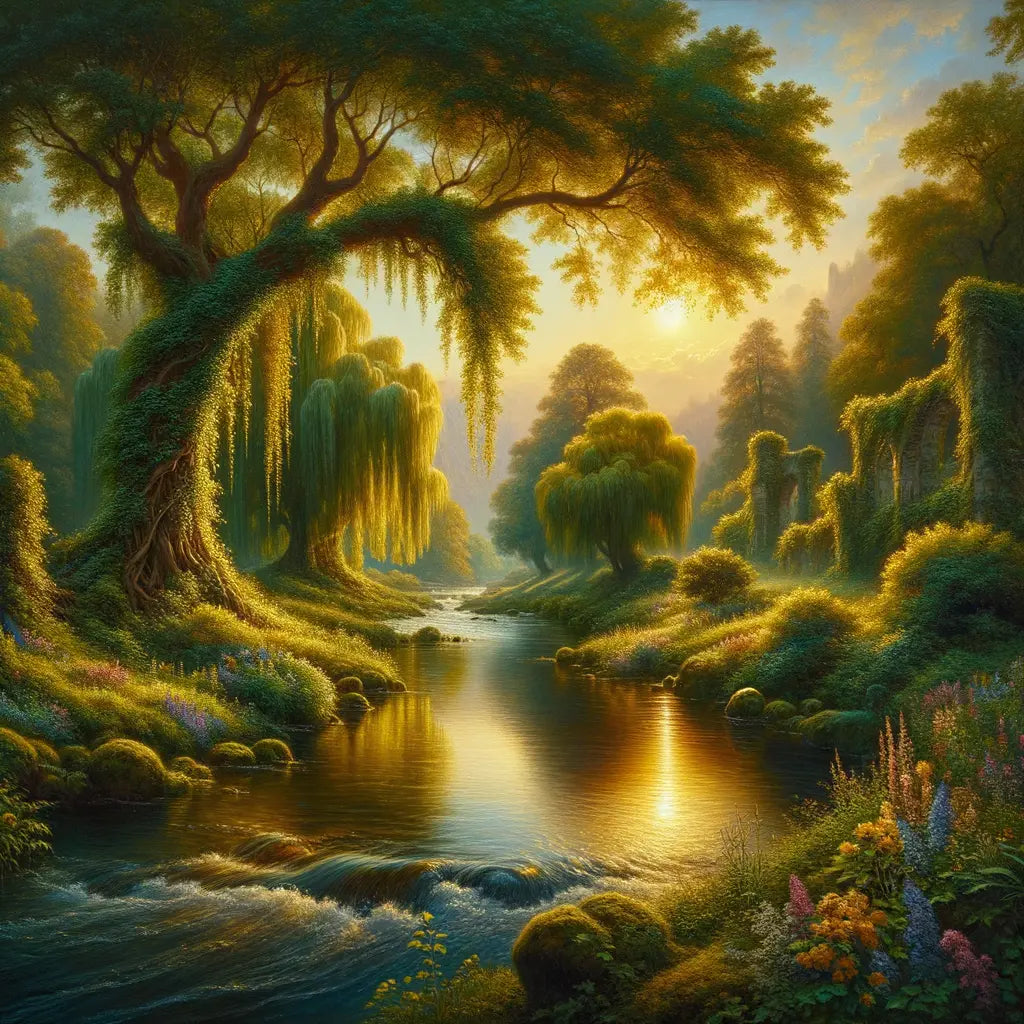 Serene river flowing through untouched nature, symbolizing harmony in line with Epictetus' philosophy, with hints of ancient Roman ruins in artistic epic style.