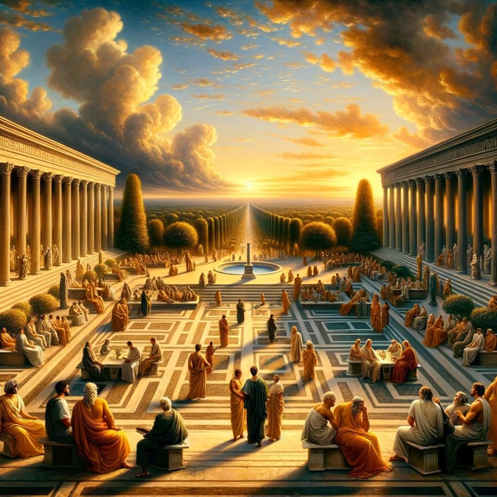 Philosophers in a Roman garden under an expansive sky, symbolizing Stoicism and Nihilism in a cinematic style reminiscent of 1960s epics.