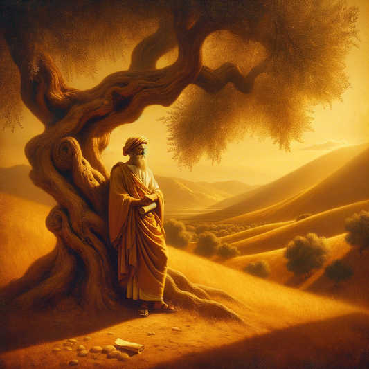 Ancient Greek philosopher holding a scroll under an olive tree, with a sunlit landscape in the style of 1960s historical films.