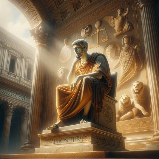 Statue of Marcus Aurelius in a Roman forum, surrounded by symbols of wisdom, justice, courage, and moderation, painted in the style of a 1960s historical epic.