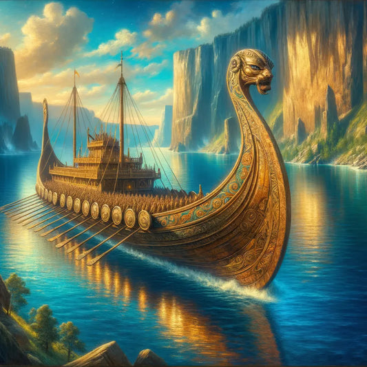 Luxurious Viking cruise ship on azure waters with stunning Scandinavian landscapes, evoking adventure and comfort in a style reminiscent of classic 1960s films.