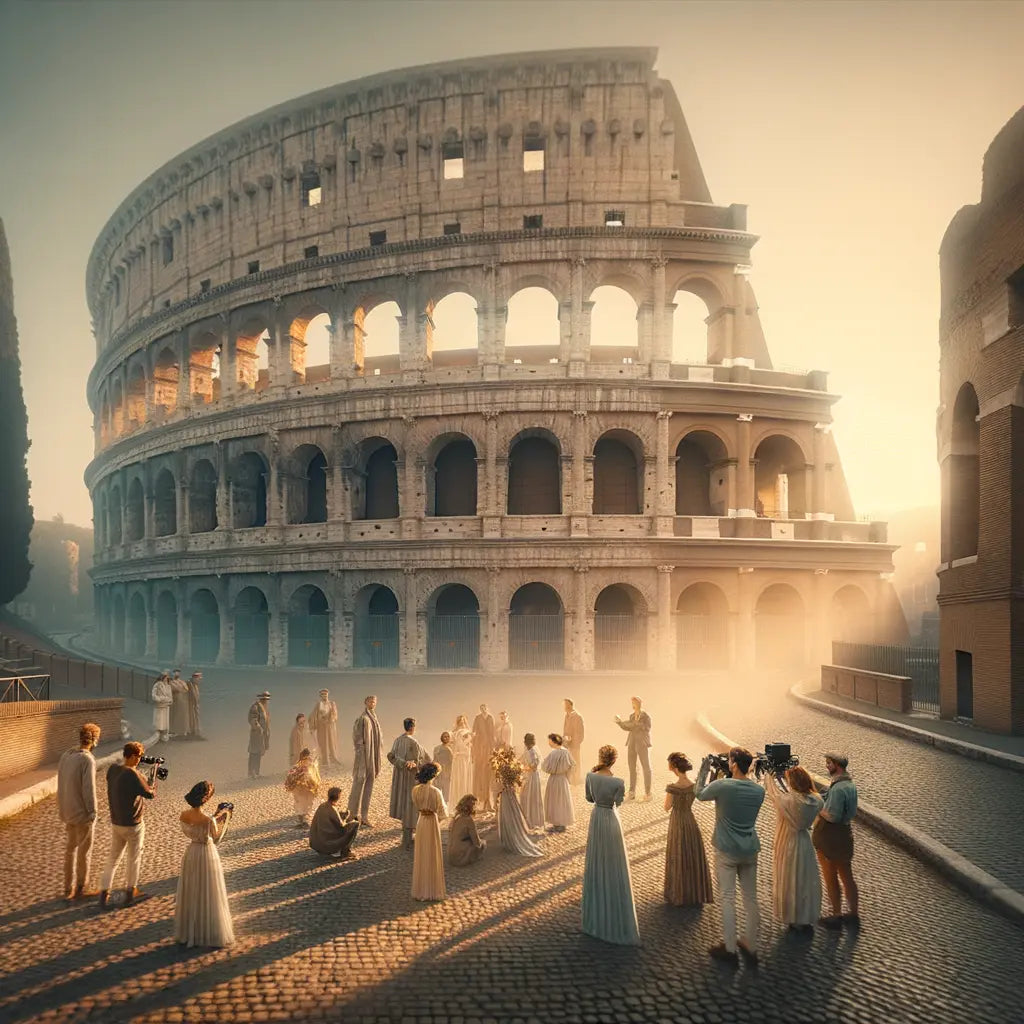 Early morning view of the Colosseum in soft sunlight with tourists taking photos, styled like a classic historical film scene.