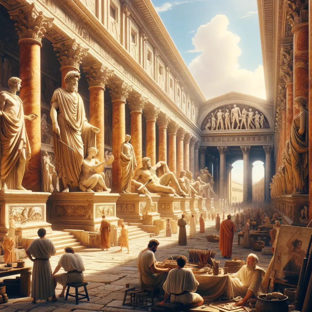 Ancient Rome's artistic grandeur with mythological engravings and sculptures on display, vibrant in the style of 1960s historical epic films.