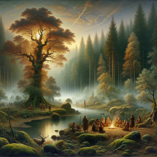 A serene landscape of misty forests and a winding river, with mystical runes integrated subtly, inspired by the ancient Germanic tribes.