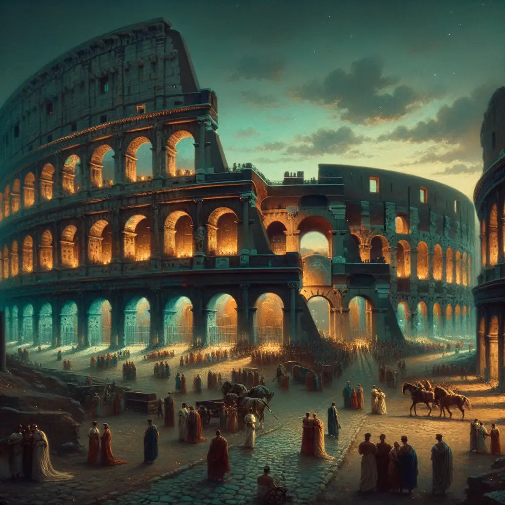 Panoramic view of the Colosseum at dusk, illuminated arches against the evening sky in a 1960s historical film style.
