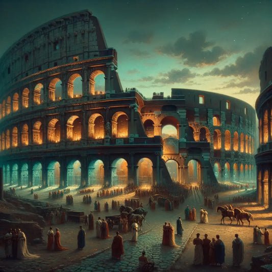 Panoramic view of the Colosseum at dusk, illuminated arches against the evening sky in a 1960s historical film style.