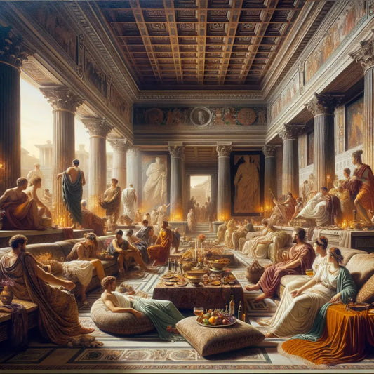 Opulent Roman villa gathering with elite guests in elegant attire, enjoying an extravagant feast amidst lively entertainment, bathed in soft, warm-toned lighting, in the style of 1960s historical films.