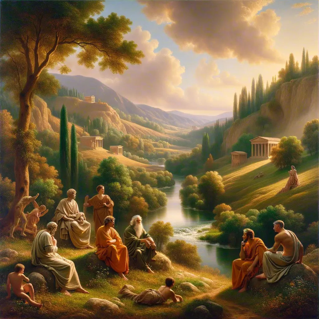 Serene river landscape with philosophers in an ancient Roman setting, symbolizing Epictetus' philosophy and harmony with nature, styled after 1960s historical film epics.