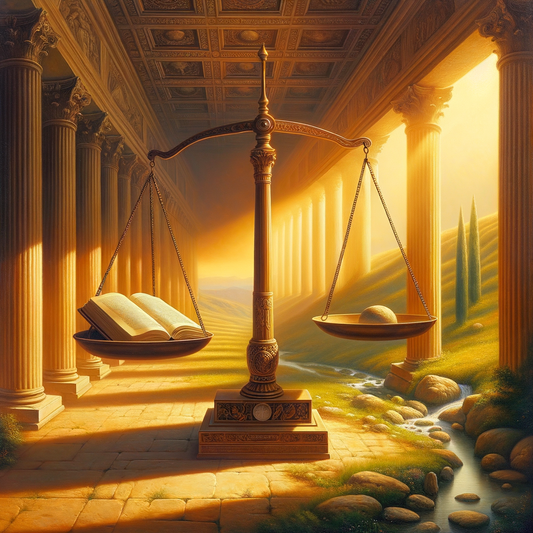 A Roman-inspired painting with a balance scale, a Stoic book, and a tranquil landscape, symbolizing philosophical harmony.