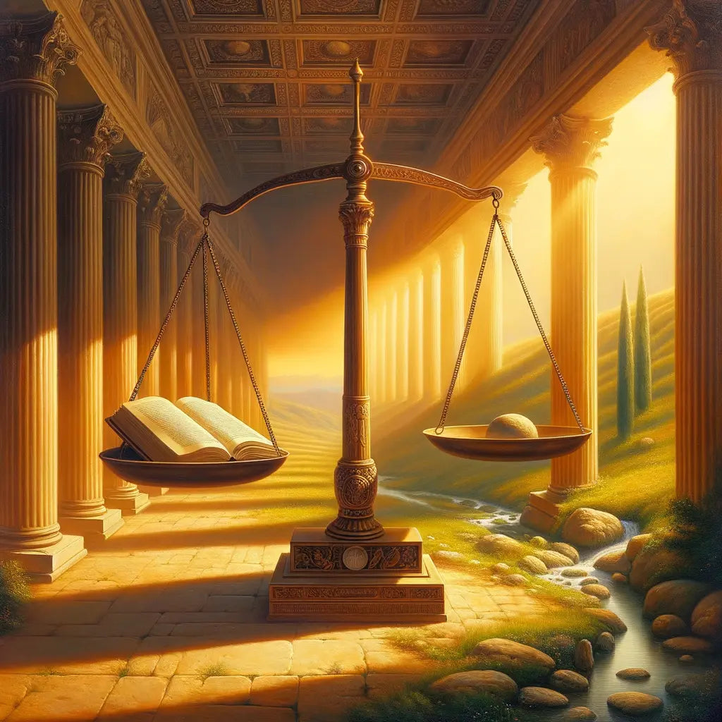 A Roman-inspired painting with a balance scale, a Stoic book, and a tranquil landscape, symbolizing philosophical harmony.