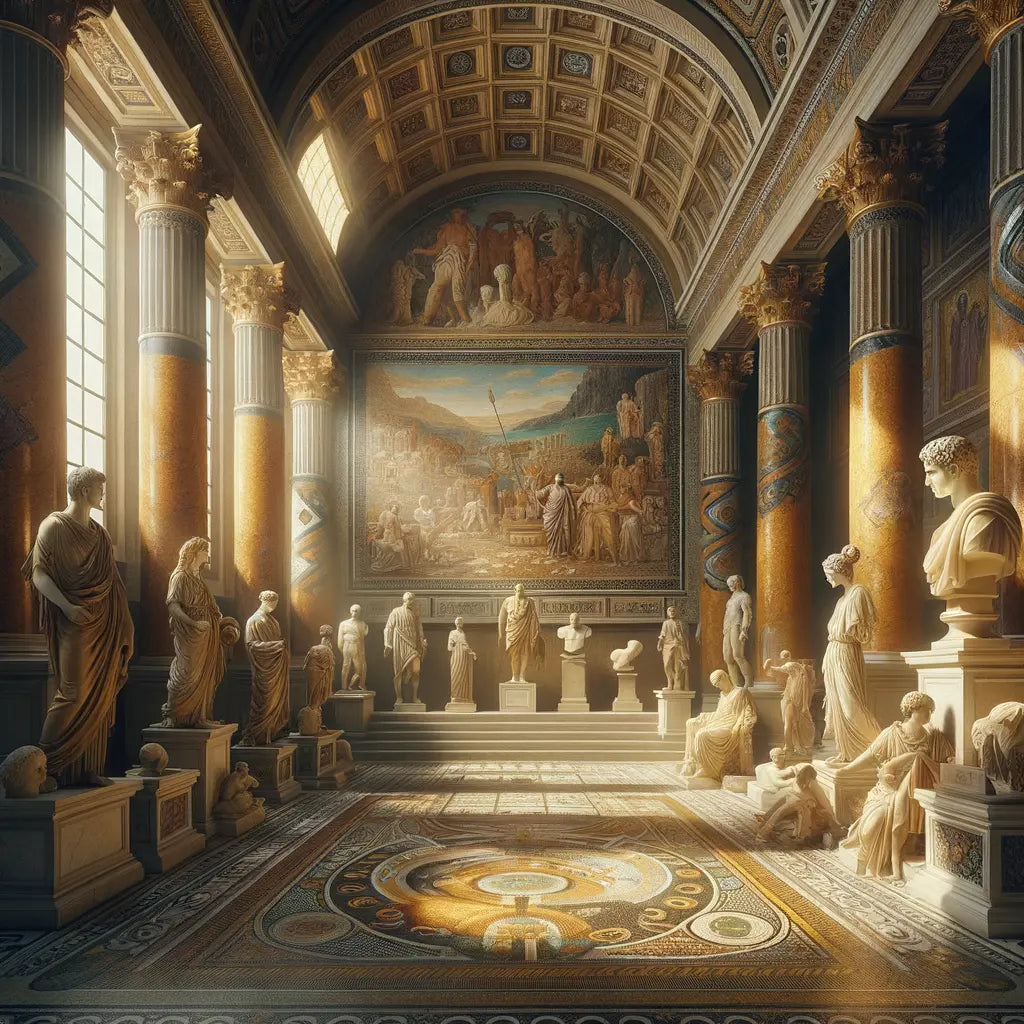 Artistic portrayal of Roman sculptures, mosaics, frescoes, and architecture in an ancient setting, reminiscent of 1960s historical epic styles.