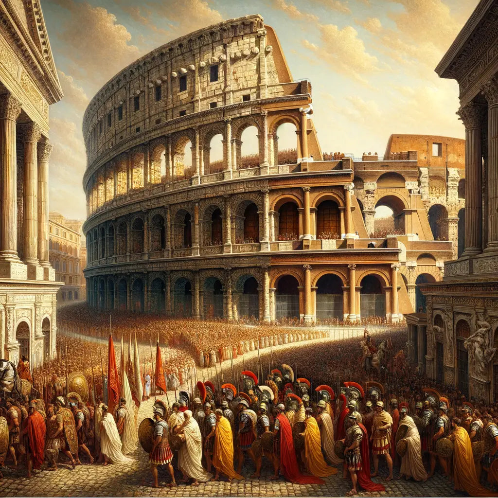 Artistically rendered image of Ancient Rome with the Colosseum, marble temples, and Roman legionaries, in a style inspired by 1960s epic films.