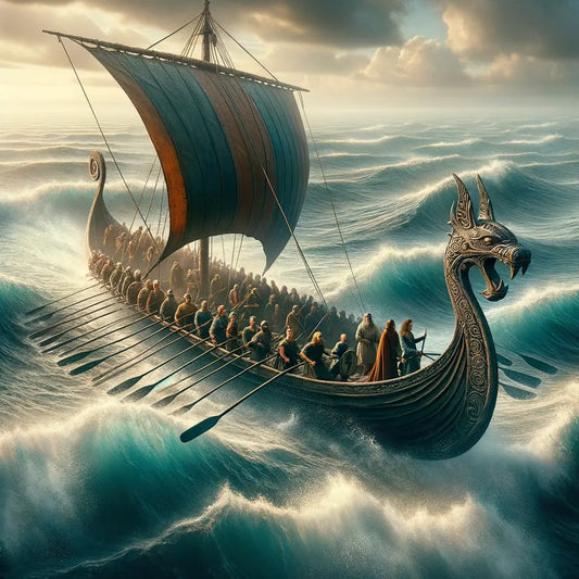 A Viking longboat with a dragon-head prow on open seas, evoking cinematic historical film styles of the 1960s.