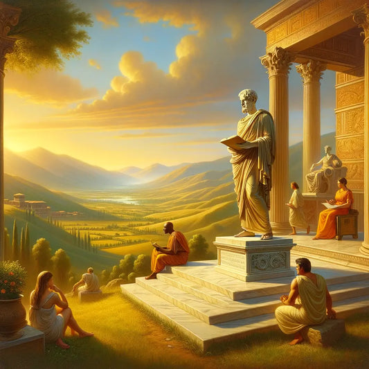 A Roman philosopher in a serene landscape, surrounded by Roman architecture and nature, reflecting Stoic calm, inspired by 1960s historical film style.