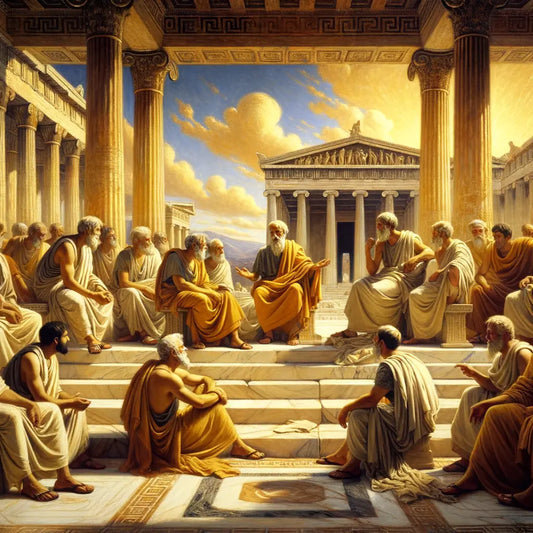 Ancient Greek philosophers discussing under an open colonnade, inspired by the style of classic 1960s historical films, symbolizing Stoic wisdom.