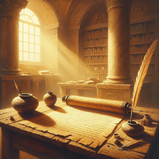 An ancient scroll, quill, and inkwell on a wooden table, exuding the timeless wisdom of ancient Roman philosophy.