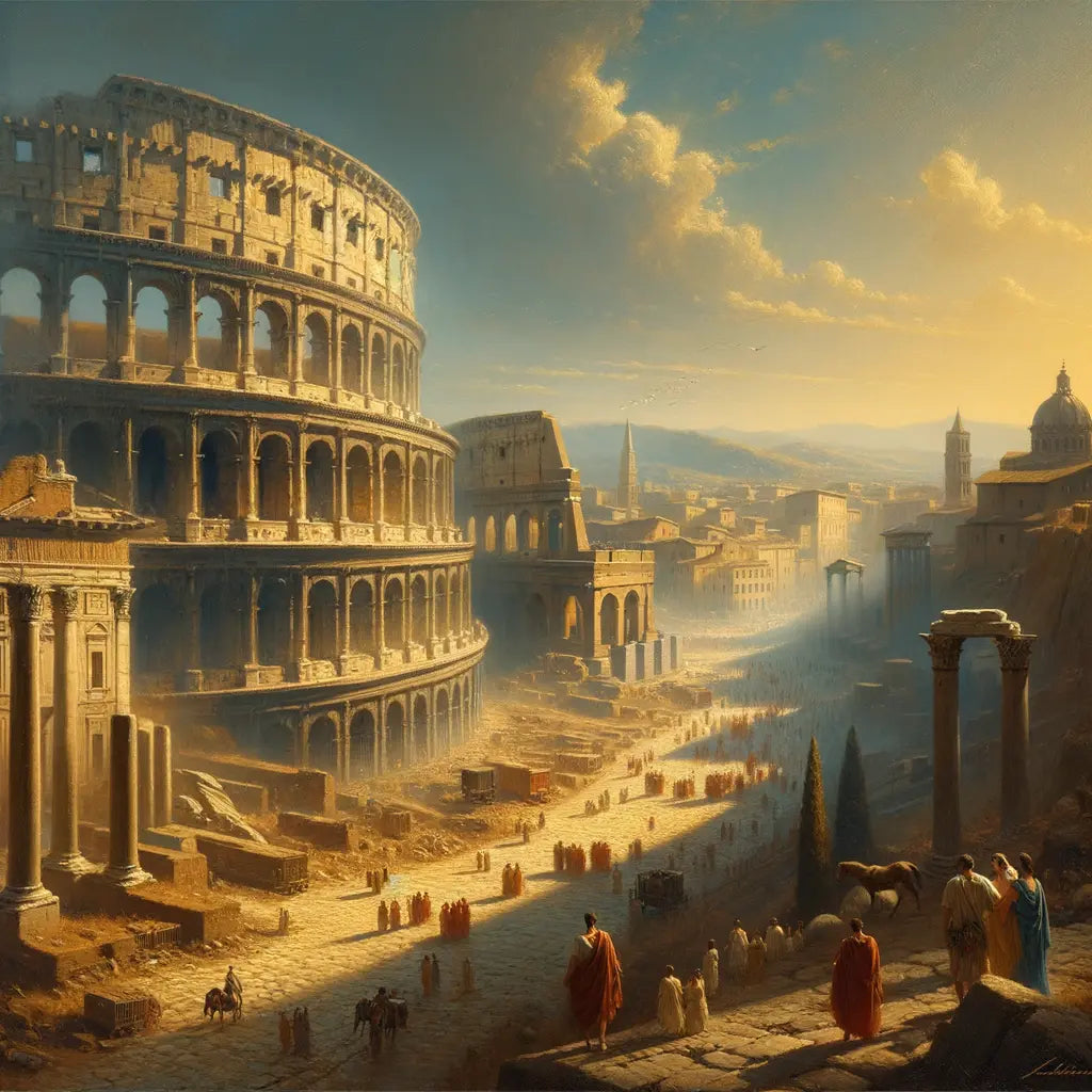 A majestic view of the Colosseum and the Pantheon, showcasing ancient Rome's architectural brilliance, reminiscent of 1960s historical epics.