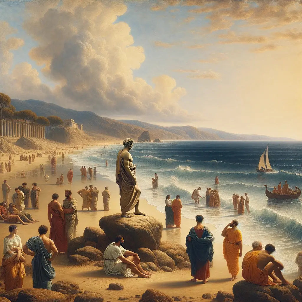 A Roman philosopher in a toga stands on a coastal rock, overlooking a tranquil seascape that evokes the serenity of Stoic philosophy, styled after 1960s historical epic films.