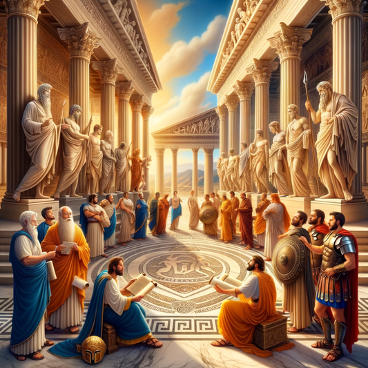 Ancient Greek philosophers with scrolls and Roman gladiators in armor, symbolizing cultural duality in a cinematic historical epic style.