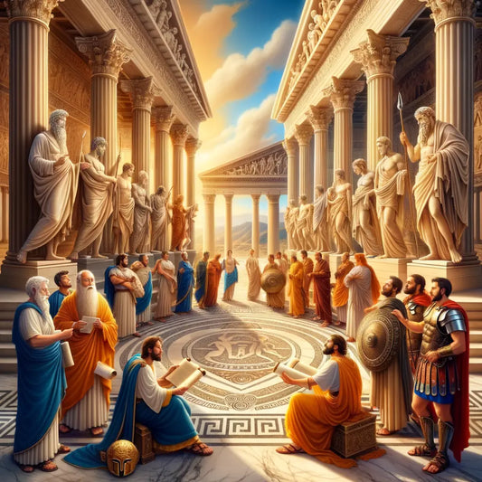 Ancient Greek philosophers with scrolls and Roman gladiators in armor, symbolizing cultural duality in a cinematic historical epic style.