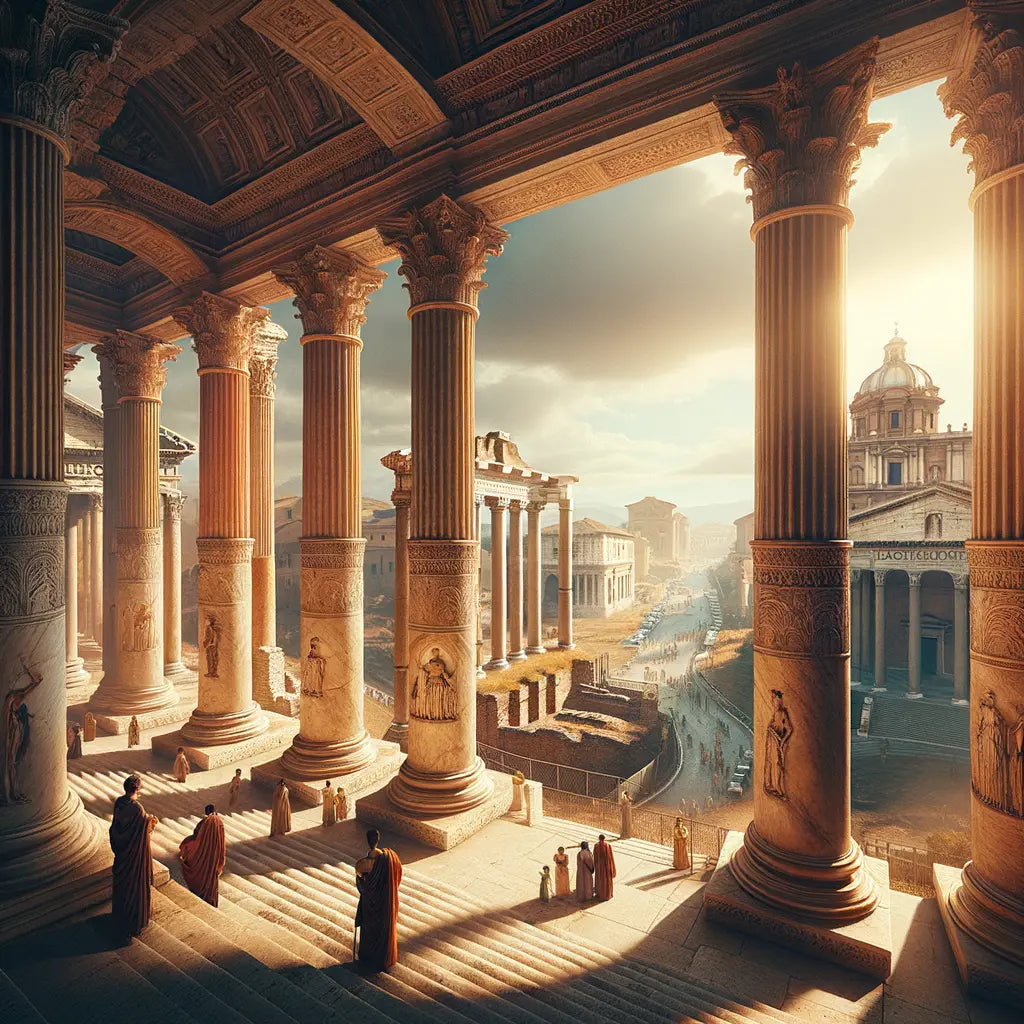 Iconic Roman Doric, Ionic, Corinthian, and Tuscan columns under bright skies in ancient Rome, in a style reminiscent of 1960s historical epics.